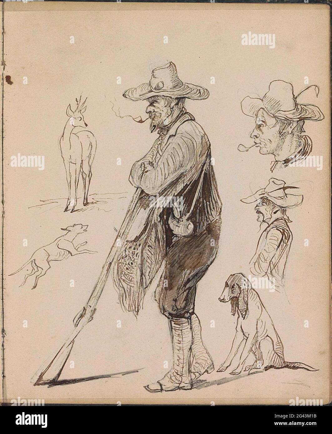 Getting Drawn Hunting Hunter with a pipe, leaning on his gun. The hunter is wearing a bag and ...