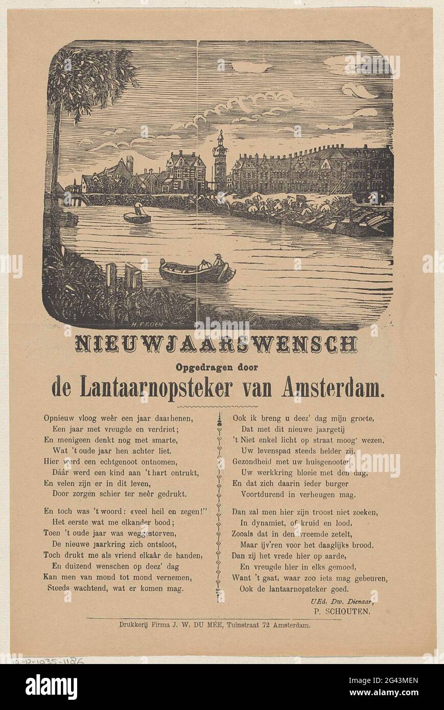New Year's wish from the Lantern plug of Amsterdam; New Year's Wender /  Dedicated by / the Lantern plug of Amsterdam. Middle above a river with a  number of boats and buildings