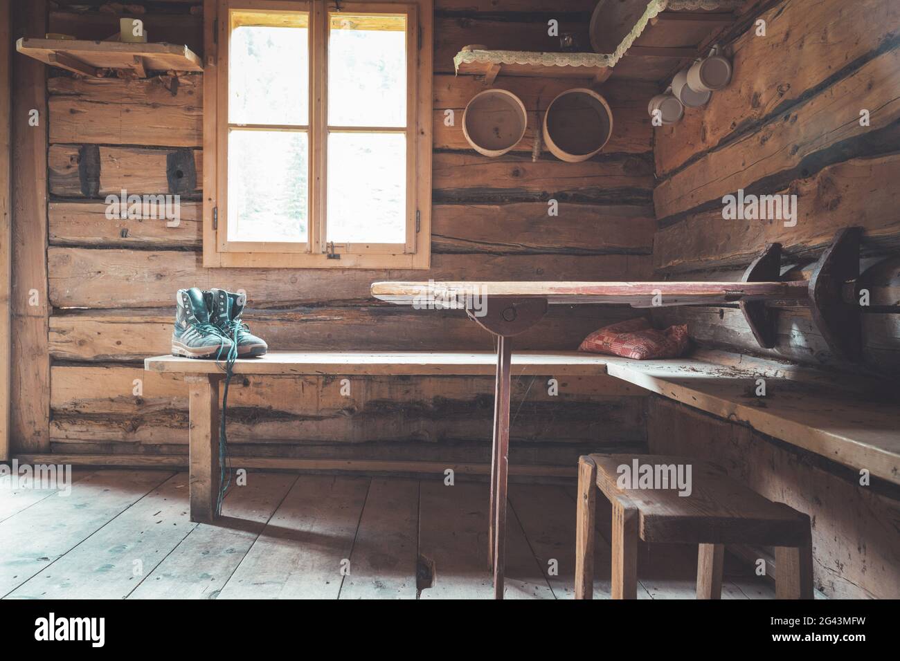 Abandoned mountain hut or chalet in Austria: rustic wooden interior Stock Photo