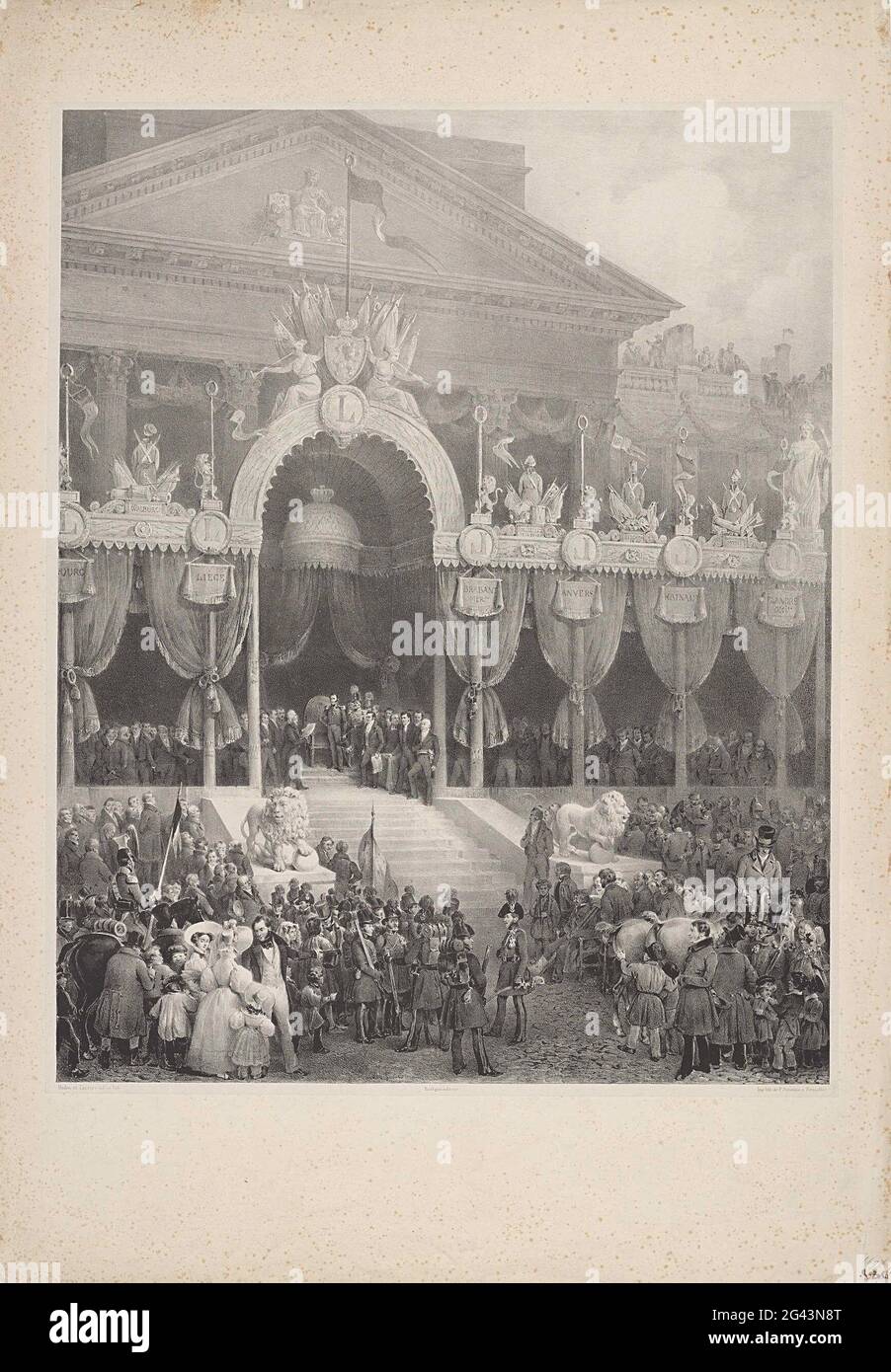 Inderding from Leopold I as King of Belgians, 1831. Solemn inauguration of King Leopold I in Brussels on July 21, 1831. The king standing between government officials and guests a speech by Surlet de Chokier, accrued on the estree for the Sint-Jacob church On-Koudenberg to Koningsplein. In the foreground the public and members of the volunteer corps of the Marquis de Chasteler. Stock Photo