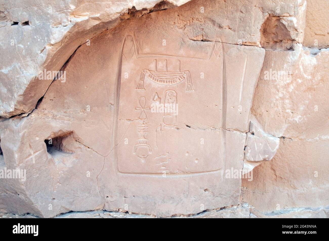 Hieroglyphic cartouche inscription and petroglyph dating to 2600 BC at the Water Mountain of Djedefre, in the Western Desert Sahara region of Egypt. Stock Photo