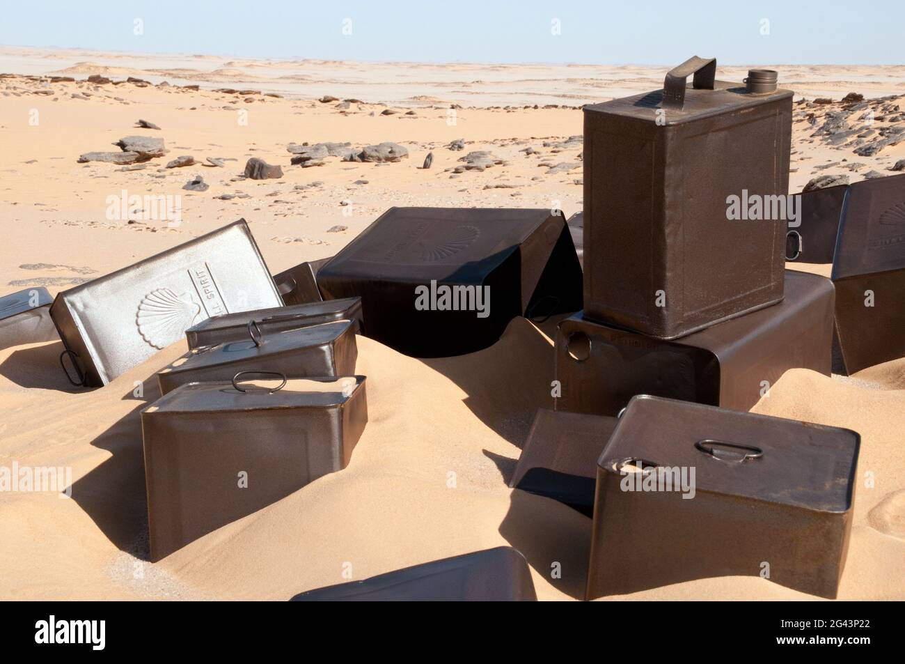 Empty military jerry cans dating back to Britain's Long Range Desert Group in World War Two, Western Desert (Sahara), Egypt. Stock Photo