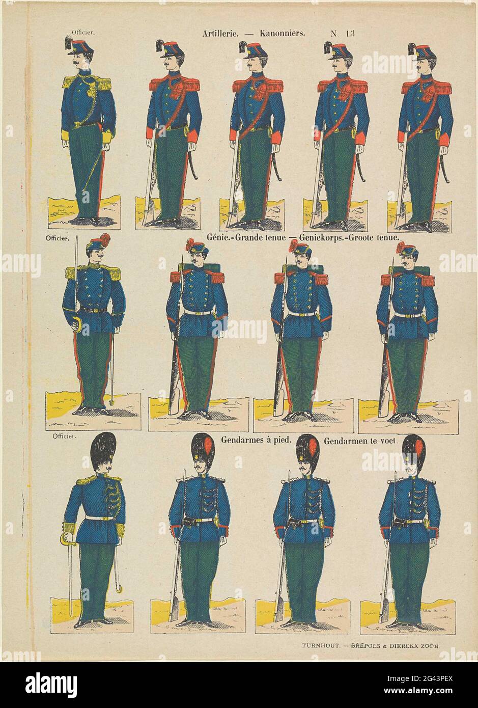 Artillery / guns / génie.-Grande Utue / Geniekorps Groote Toue / Gendarmes à pied / gendarmen on foot. Sheet with 3 horizontal rows with a total of 13 performances of officers and soldiers with guns. Numbered at the top right: N. 13. Stock Photo