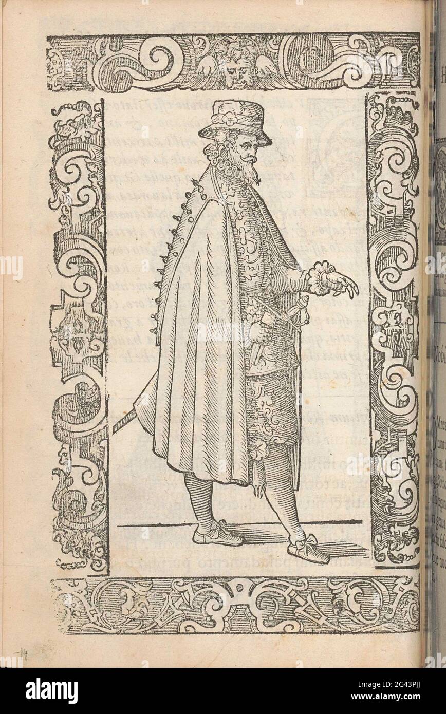 Noble Lord from Rome; Habiti de Gentilhuomi Romani; Ancient habits, modern and modernisms around the world: new accesses of many figures: dressetus antiquorum, recentorumque totius orbis. Noble Lord from Rome, dressed in to Wide Shoulder Shelter That Falls Under The Knee. Hat On The Head, Glove in Hand; Sword Alongside. Stock Photo