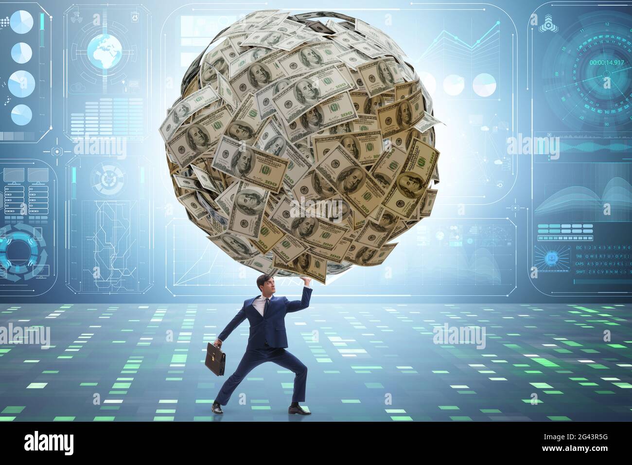 Businessman with heavy dollar ball Stock Photo - Alamy