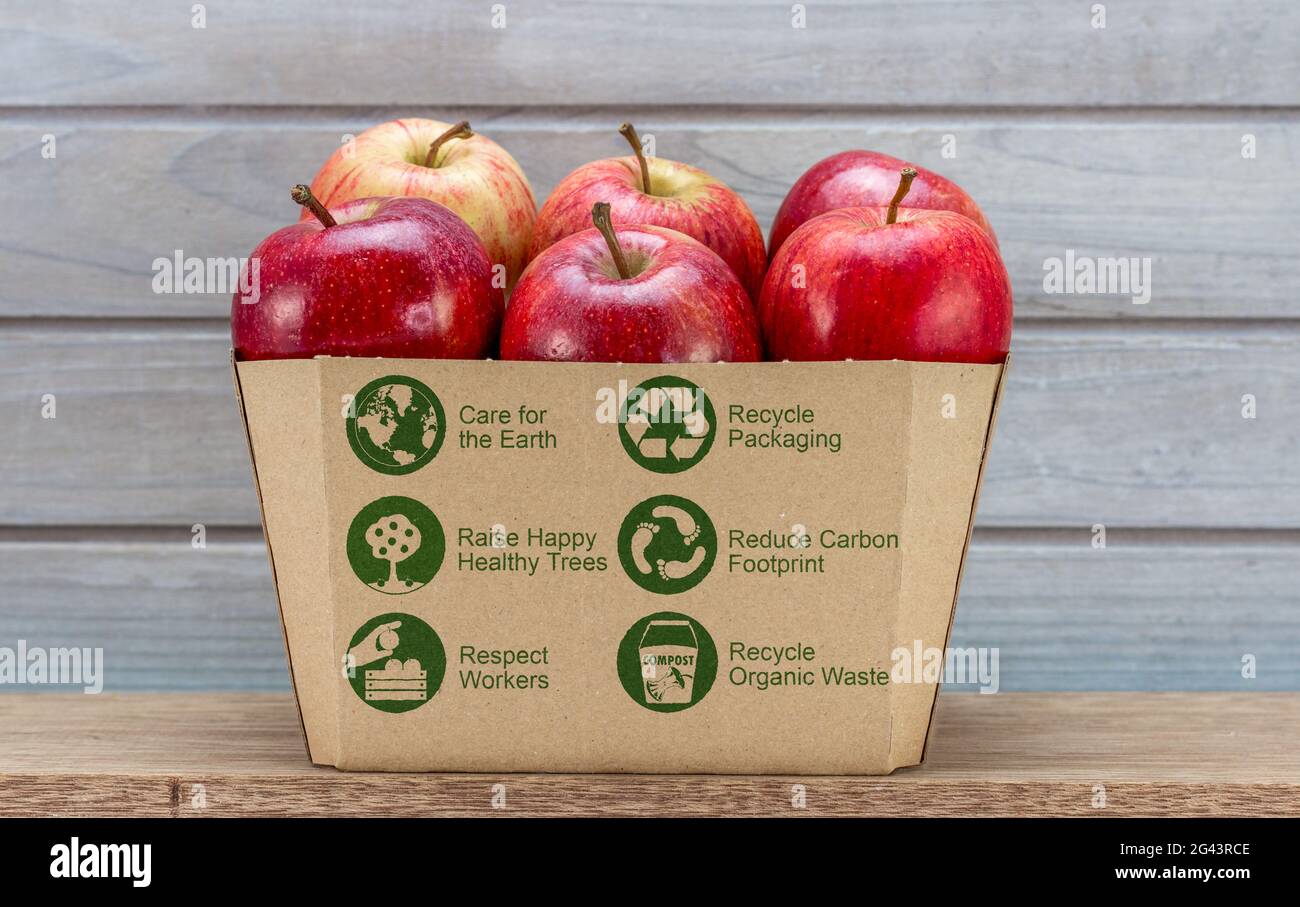 sustainable ethical eco food labels on apples, respect, recycle, reduce waste Stock Photo