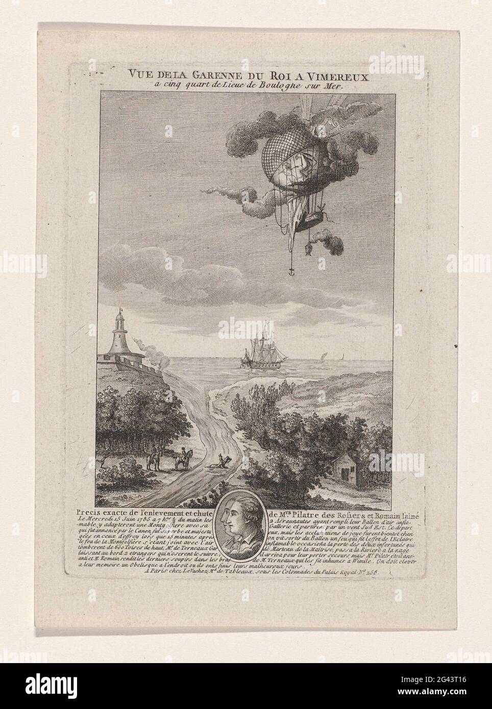 Het VeronGelukken van Een Luchtbalon Bij Garenne of the King You Gimmers; View of the Garenne of the King in Vimeraux five-quarters of Boulogne sur mer - accurate precise of the kidnapping and fall of Mrs Pilare and Rosiers and Romain the elder in 1785.. Stock Photo