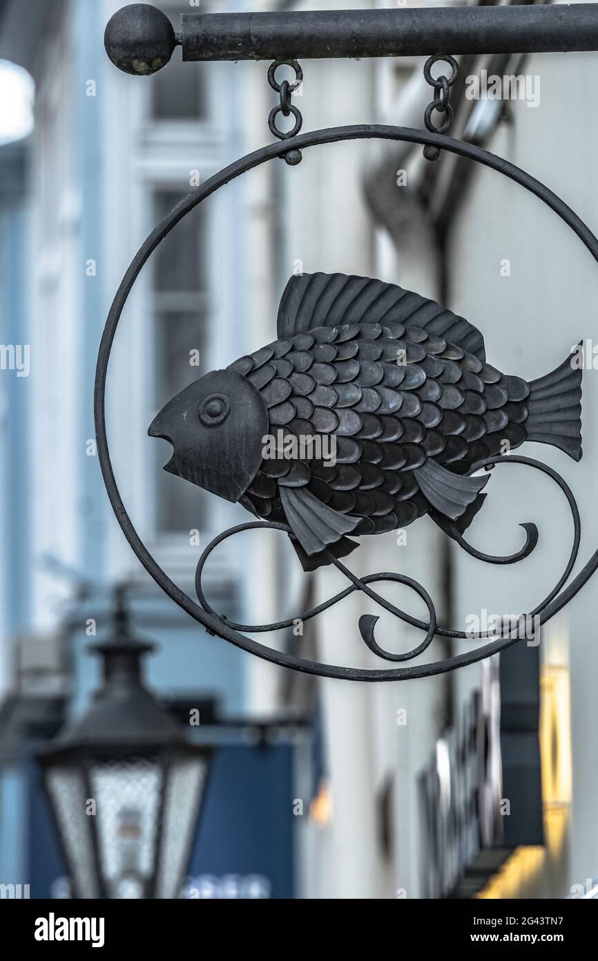 Shop sign of a fish restaurant in Lueneburg, Germany Stock Photo