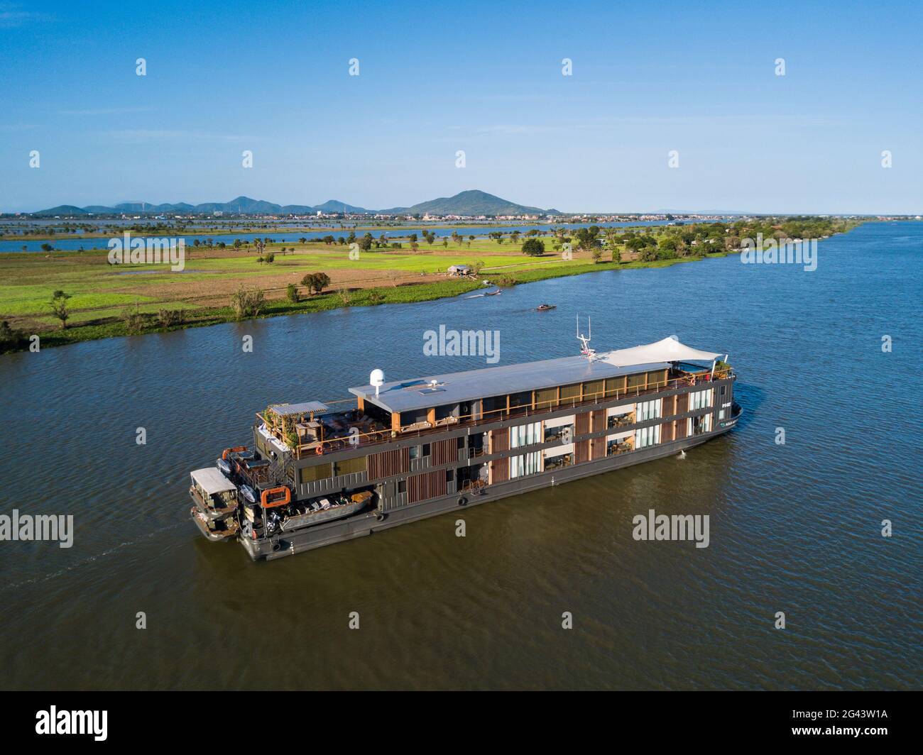Aerial View Of River Cruise Ship Aqua Mekong On Tonle Sap River Near Kampong Chhnang Kampong Chhnang Cambodia Asia Stock Photo Alamy