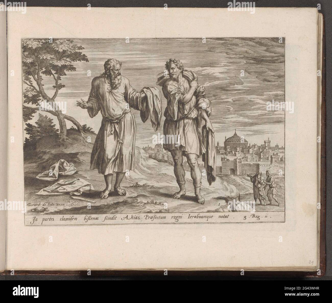 Jeroboam and the prophet Achia; History of Jeroboam and Rechabeam; Historia Roboam et Jeroboam (...); Thesaurus Sacrarum HistoriaRu [M] Veteris Testame [N] Ti, Elega [N] Tissimis Imaginibus Expressu [M] Excelle [N] Tissimoru [M] in Hac Arte Viroru [M] Opera: now [N] C Primu [M] Luce [M] Editus. The prophet Achia has torn its cloak in twelve pieces and hand over ten pieces to Jeroboam. The torn mantle symbolizes the split of the Jewish people. Jeroboam became king of ten of the twelve tribes. Under the show a reference in Latin to the Bible text in 1. 11. Print is part of an album. Stock Photo