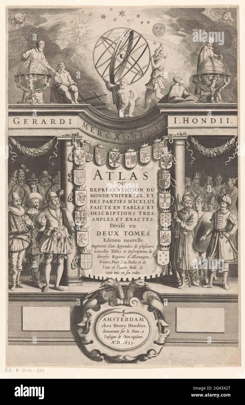 Atlas and personifications of various population groups; Title page for:  Gerardus Mercator, Atlas, 1633. In the middle the title surrounded by  eighteen coats of arms. Left and right men and women as