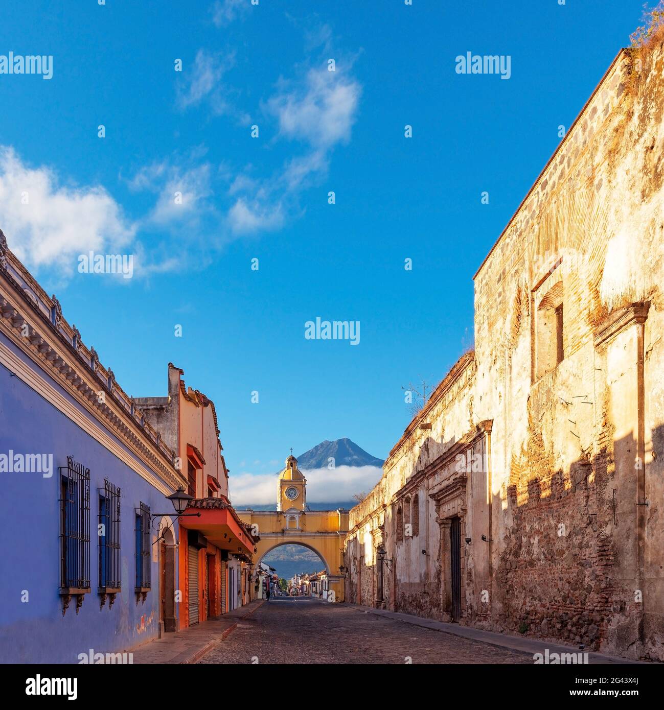 Antigua city at sunrise, Guatemala. Stock Photo