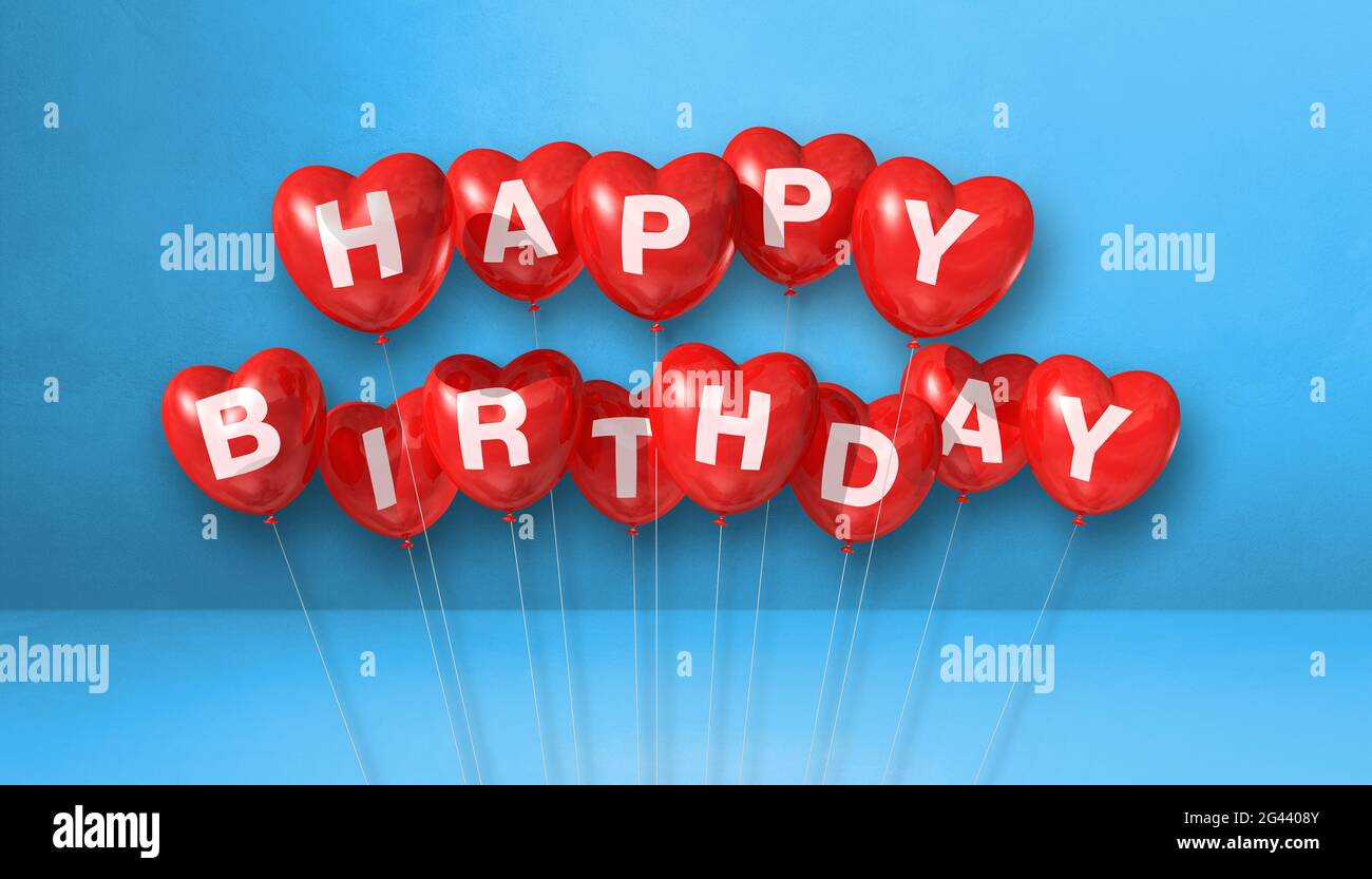 Red happy birthday heart shape air balloons on a blue background scene ...