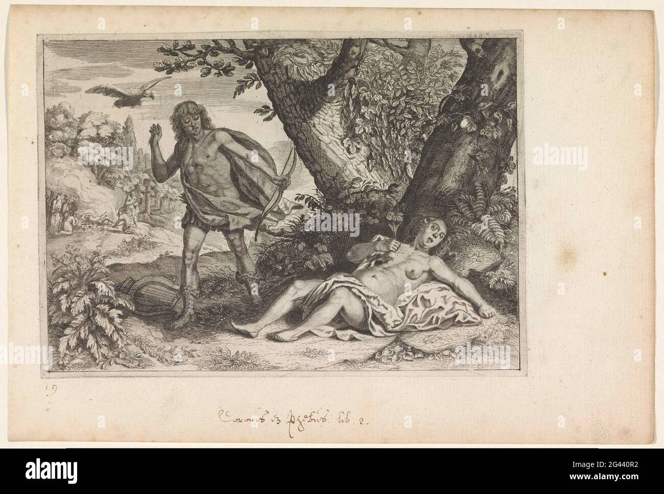 Apollo kills Coronis; Metamorphoses from Ovid. Under the tree lies the ...