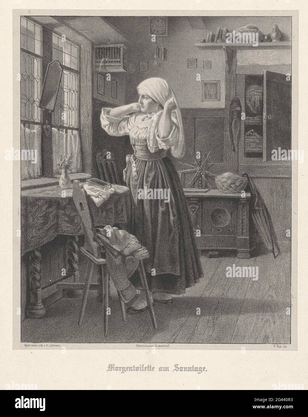 Woman dresses at the window; Morgentoilette am Sonntage. The woman looks in the mirror while knitting her headscarf. There is a jacket on the chair at the table. Behind her is the door of a cupboard open. Stock Photo