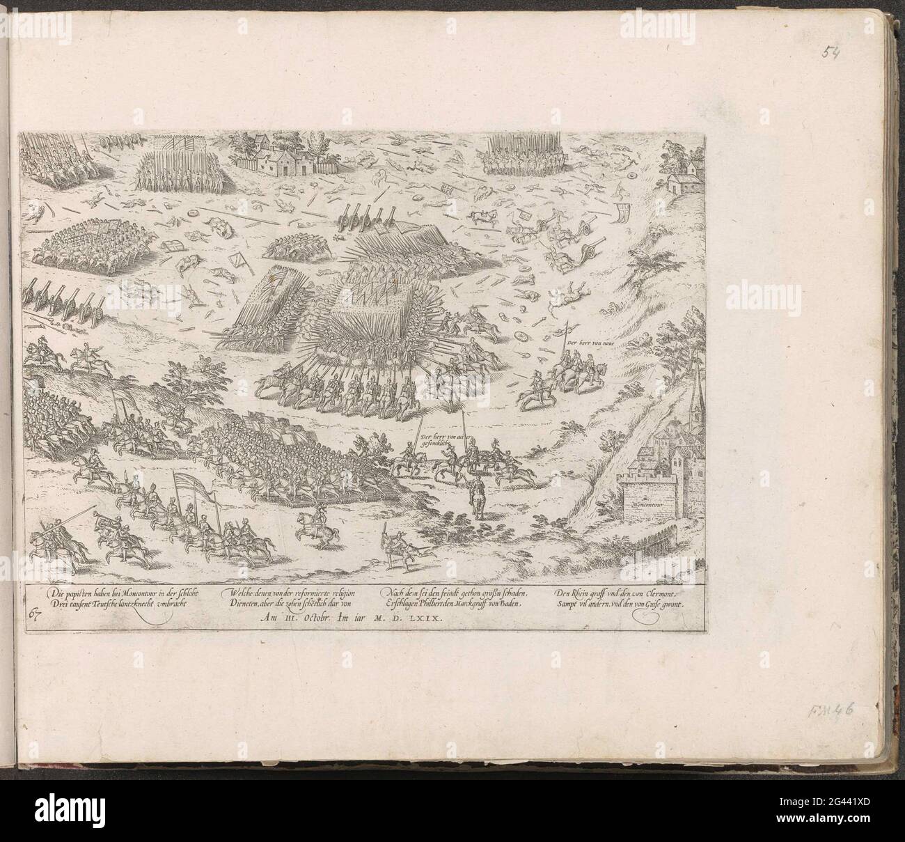 Battle of Moncontour, 1569; Series 3: French religious wars, 1559-1573. Battle of Moncontour, October 3, 1569. View of the battlefield. With caption of 8 rules in German. Left below numbered: 67. The print is part of an album. Stock Photo