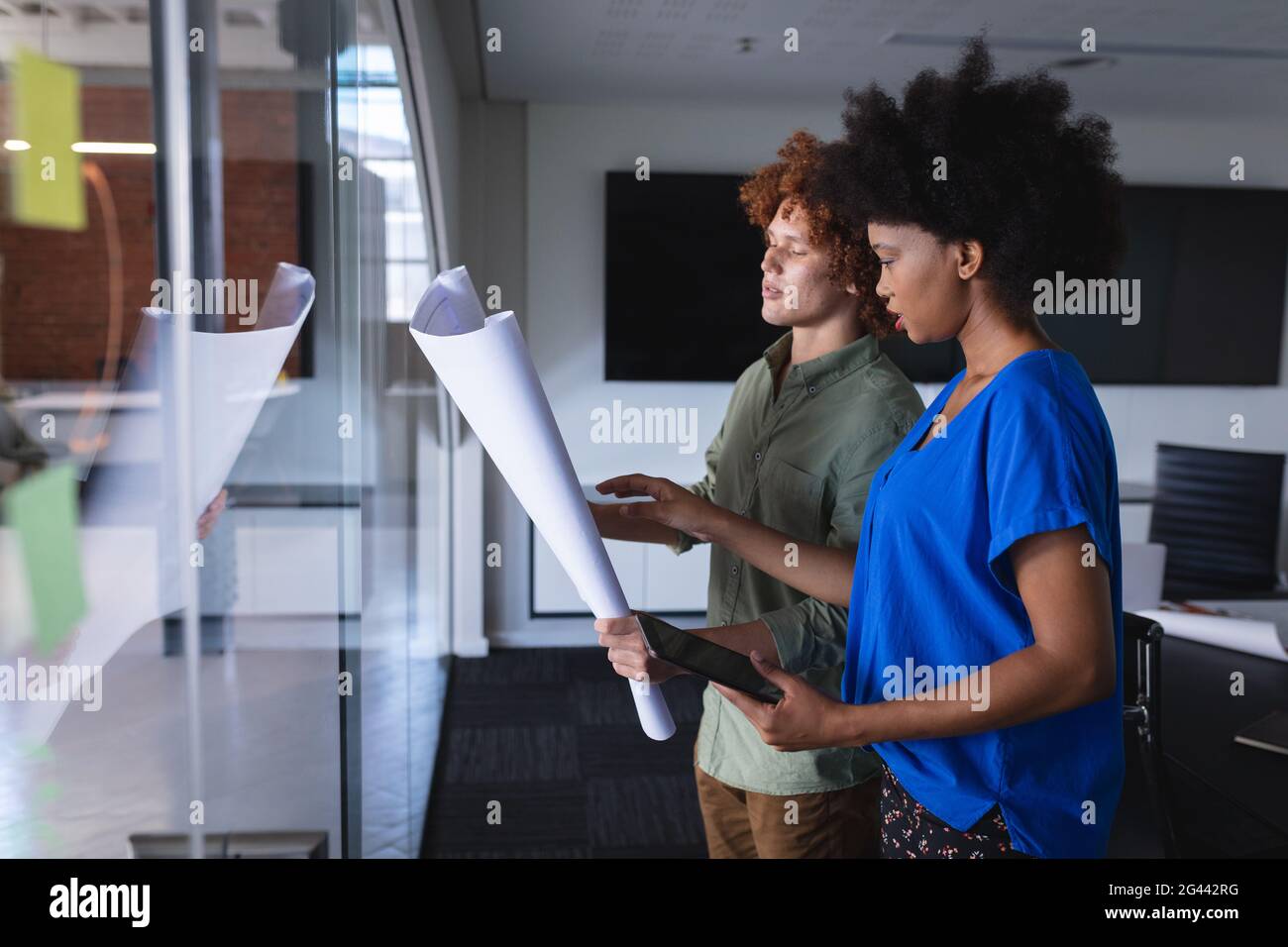 Diverse male and female colleagues in office discussing over blueprint ...