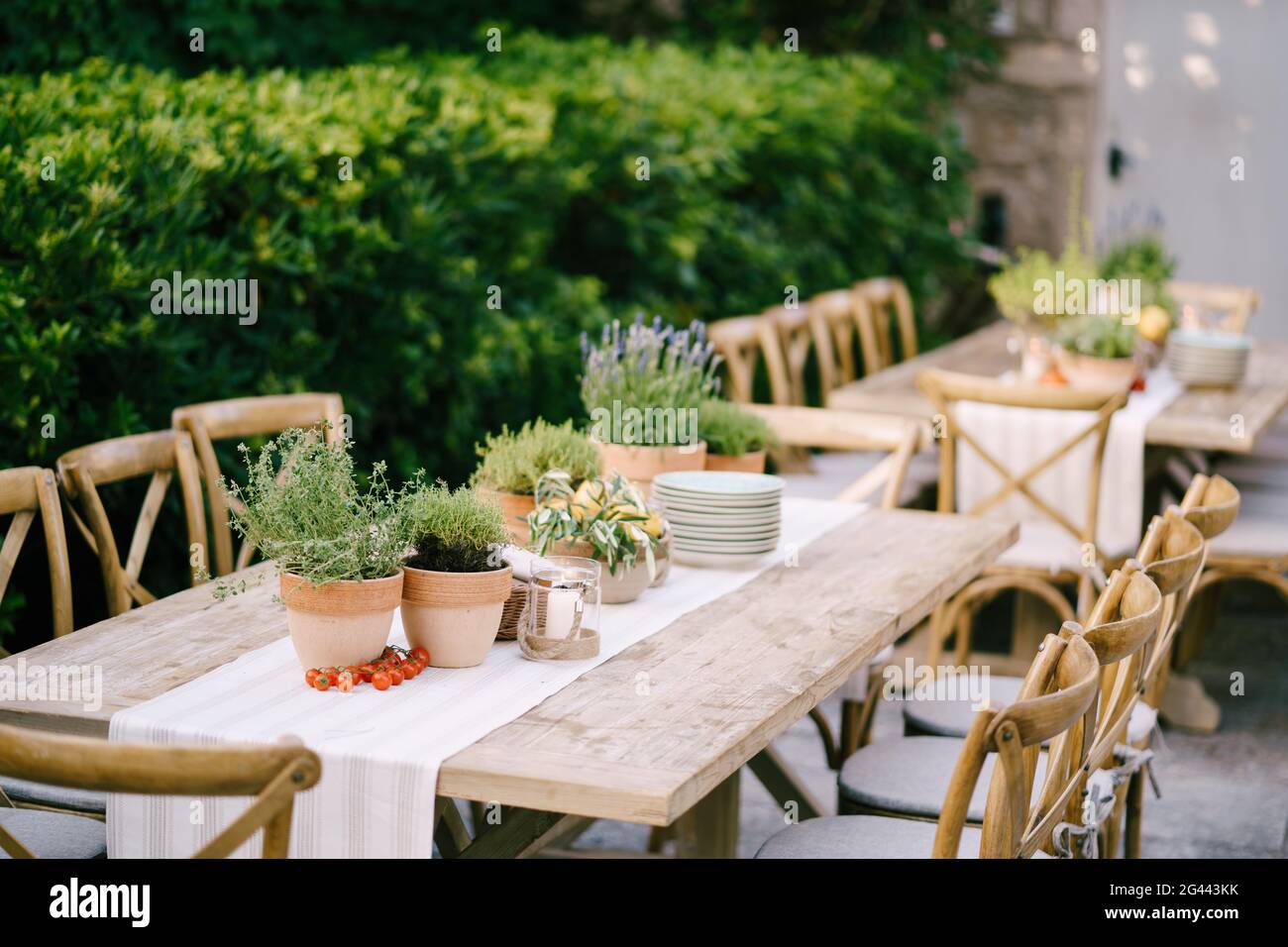 Wedding dinner table reception at sunset outside. Ancient rectangular wooden tables with rag runner, wooden vintage chairs, lave Stock Photo