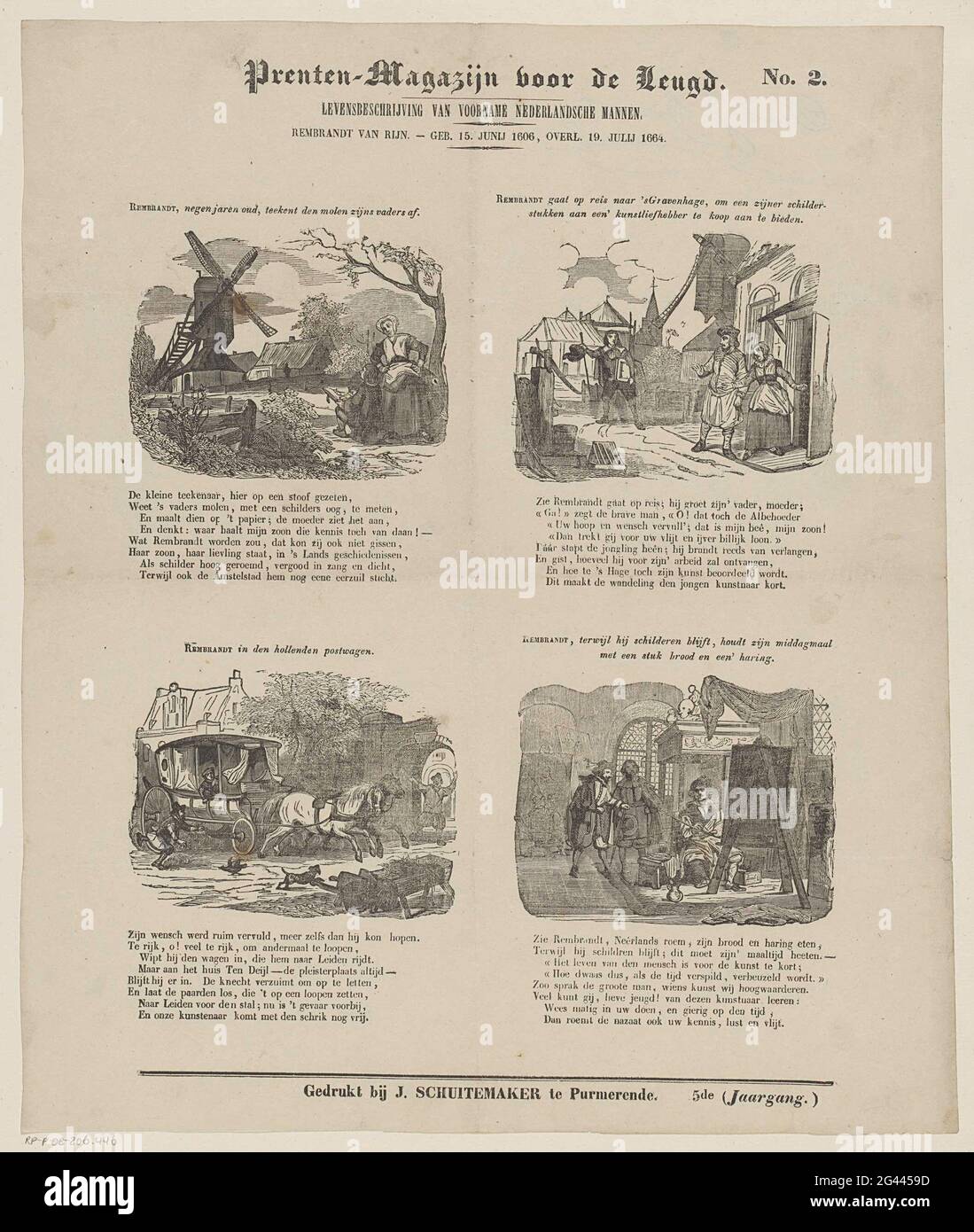 Rembrandt van Rijn. - Geb. June 15, 1606, ONL. July 19, 1664; Print  warehouse for the youth; Life description of investing Dutch men. Leaf with  4 performances from Rembrandt Harmensz's life. Van