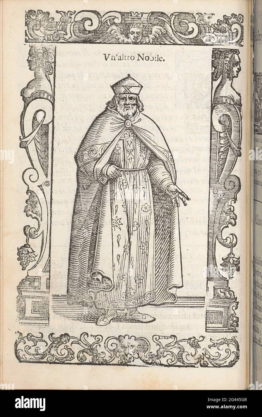 Noble Lord from the Old Venice; Another noble; Ancient habits, modern and modernisms around the world: new accesses of many figures: dressetus antiquorum, recentorumque totius orbis. The costume of a Nobble Lord from Venice: Embroidered Sottana Over to Loose Shoulder. Round Hat With Pointed Globe. In Ornament Edge. Stock Photo