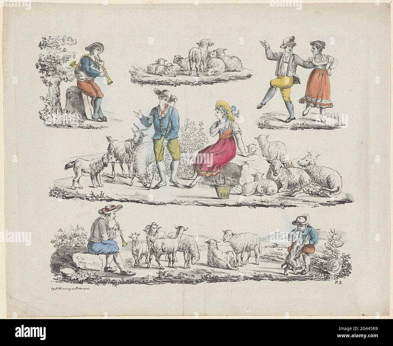 Pastoral scenes. Sheet with 5 pastoral scenes, including a dancing