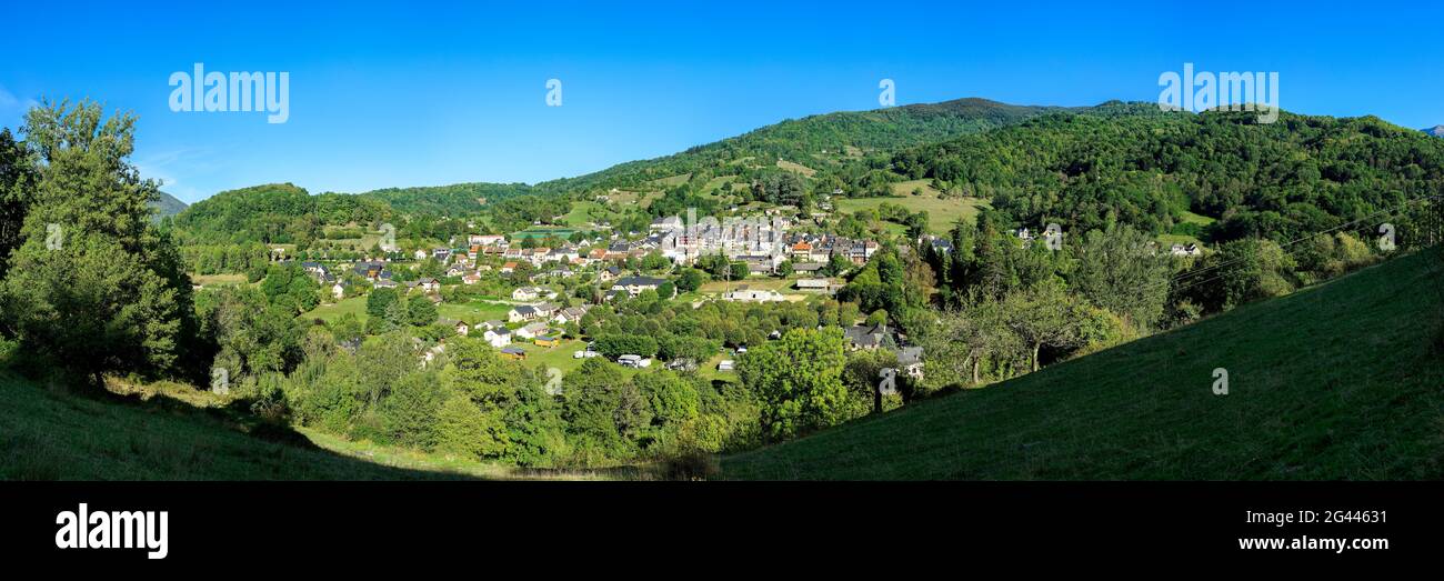 Landscape with village on hillside, Castillon en Couserans, Ariege, Occitanie, France Stock Photo