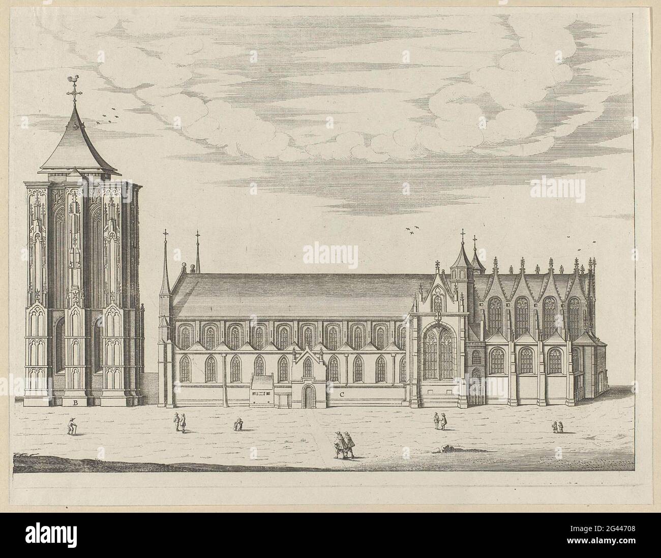 Sint-Lievensmonsterkerk and Tower in Zierikzee, in welfare, before the fire of 1832. Sint-Lievensmonsterkerk and tower or Grote Kerk in Zierikzee, in welfare, before the fire of 6 October 1832. With a few figures on the road, the tower and The church indicated by the letters B and C. Stock Photo