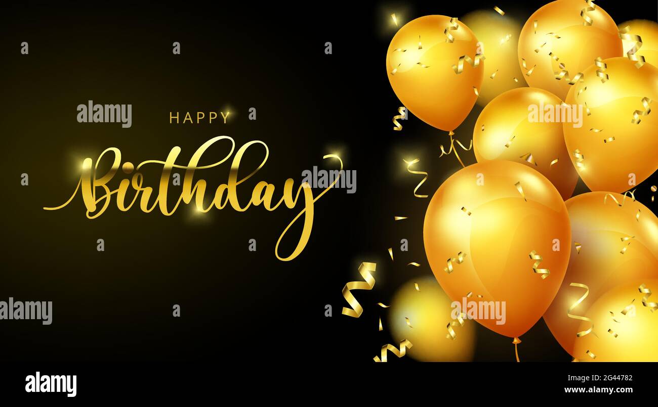 Birthday balloons vector banner template. Happy birthday greeting text with  elegant gold balloons and confetti element in black background Stock Vector  Image & Art - Alamy