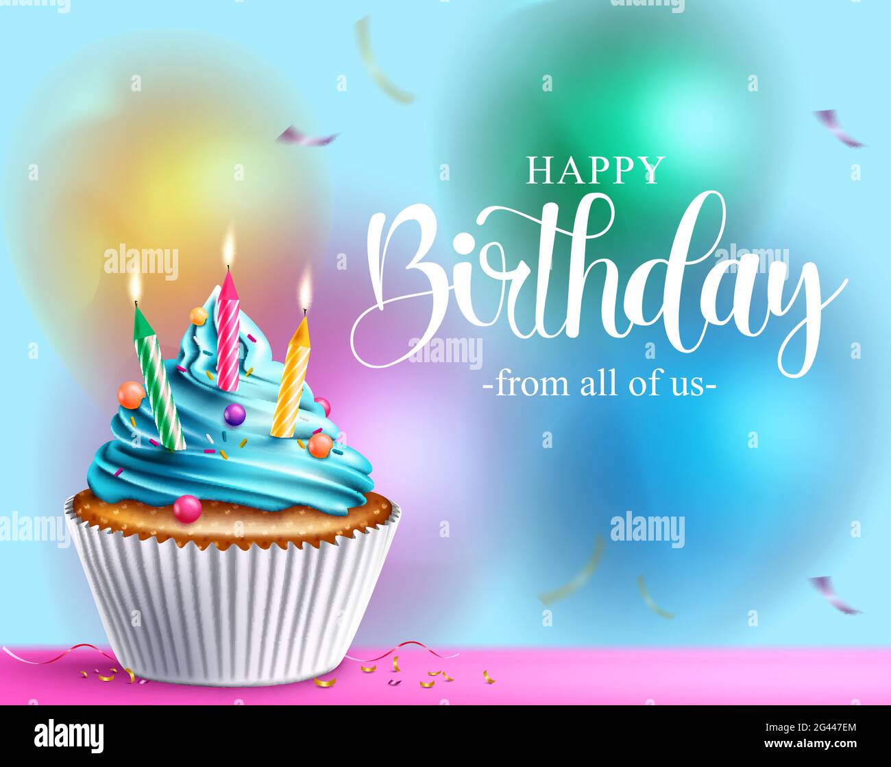 Birthday cupcake vector design. Happy birthday text with cupcake, candles and icing elements for celebrating birth day decoration greeting card. Stock Vector
