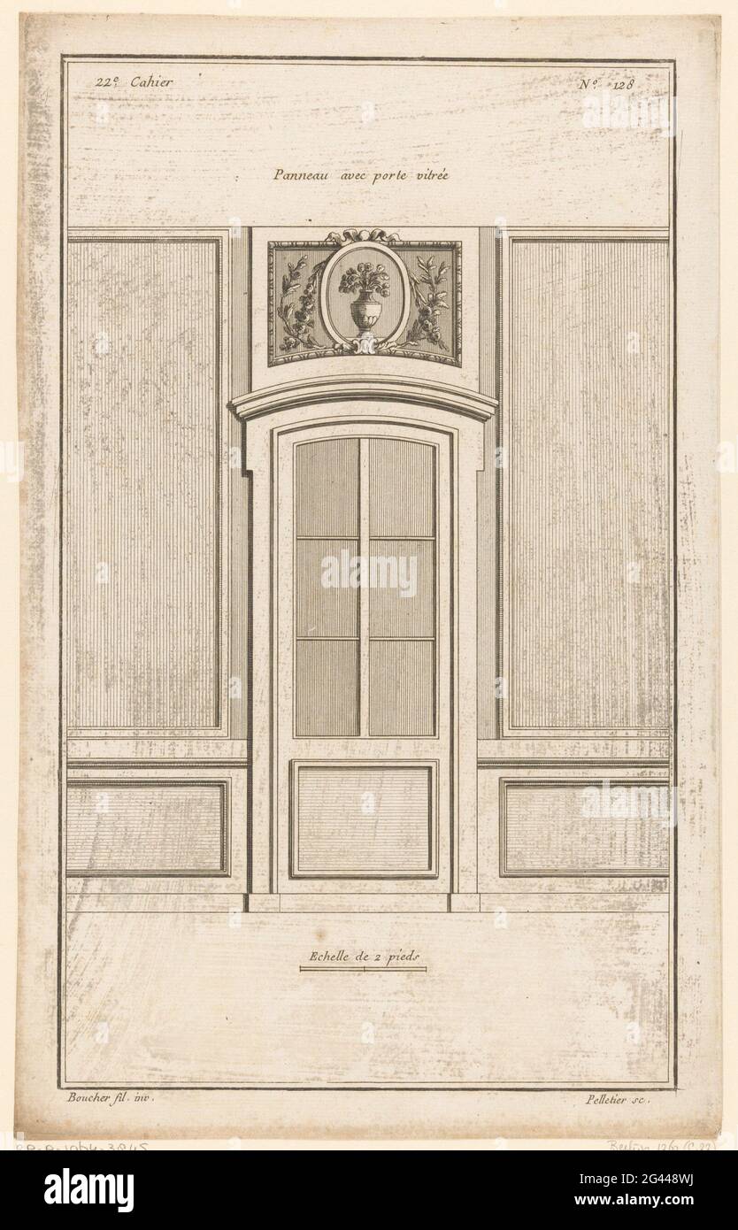 Glass door and panels; PANNEAU AVEC PORTE VITRÉE; Panels and doors; 22th  Cahier. Wall decoration with a glass door and panels on either side. At the  top a panel with flowers in