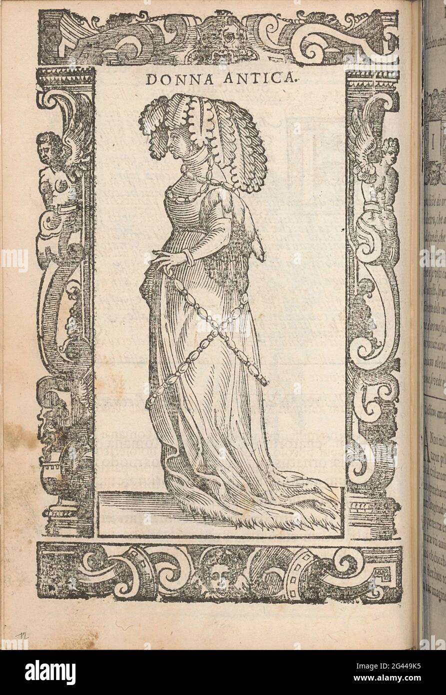 Woman from Rome in The Year 1000 Clothing; Ancient woman; Ancient habits, modern and modernisms around the world: new accesses of many figures: dressetus antiquorum, recentorumque totius orbis. Woman in Roman costume Behaving According to Vecellio. 1000 Balance. On the Head of her at Hood With Ormesino Strips (Sort of Silk) in The Form of Leaves. Golden Necklaces Around The Neck of her. To Drawing of the Miniature Painter Giovan Maria Bodovino. In Ornament Stock Photo