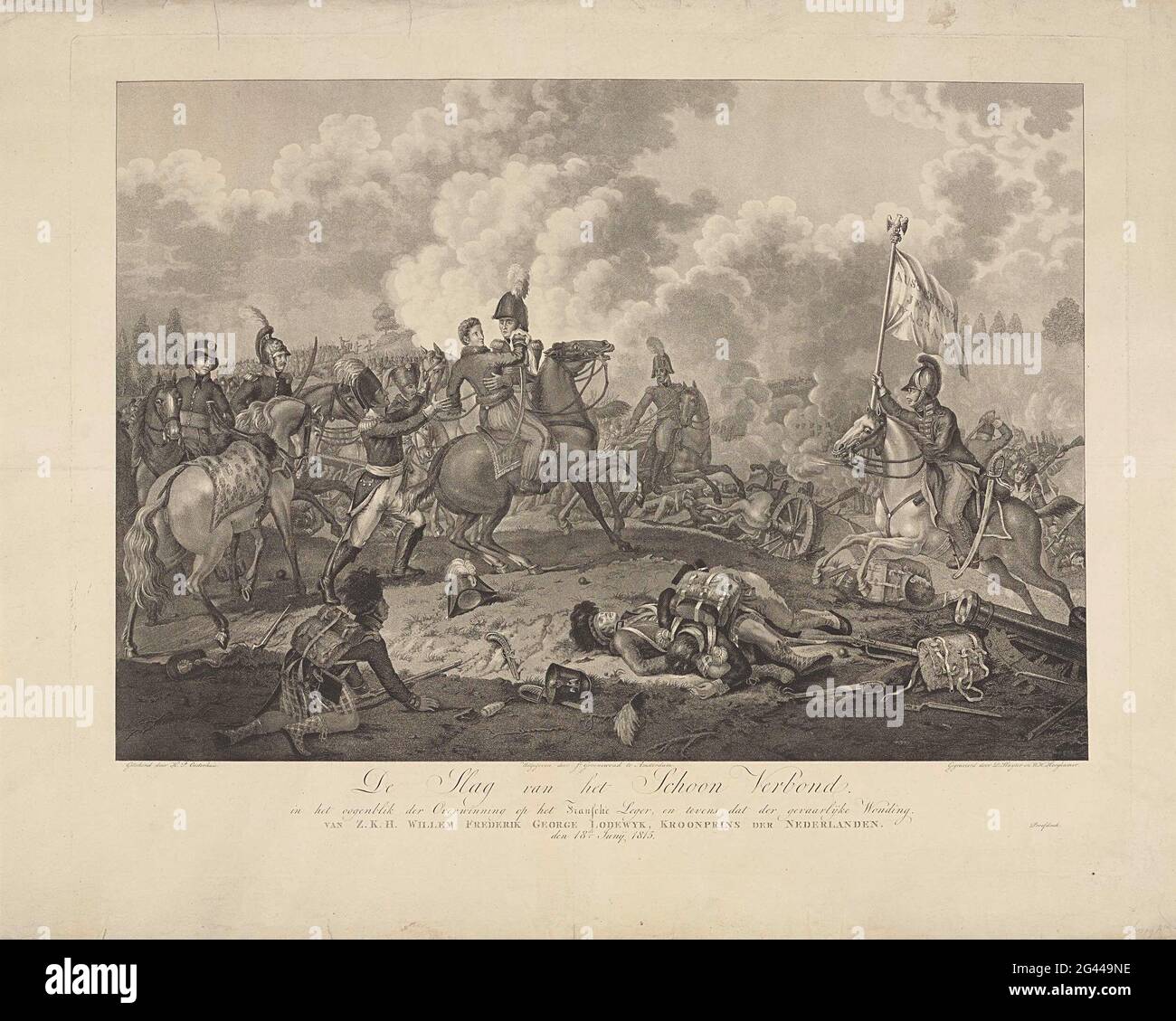 The battle of the clean covenant. In the moment of the victory over the French army, and also that of the dangerous wonding. Van Z.K.H. Willem Frederik George Lodewijk, Crown Prince of the Netherlands. The 18th Junij 1815. The Prince of Orange is injured during the Battle of Waterloo, June 18, 1815. Central the prince on horseback that has been injured on his shoulder, his staff rushes. A dragonder comes from the right with the conquered French standard on which the Namur Austerlitz, Jena and Wagram. In the foreground on the left an injured Scottish soldier. See also the design drawing and the Stock Photo