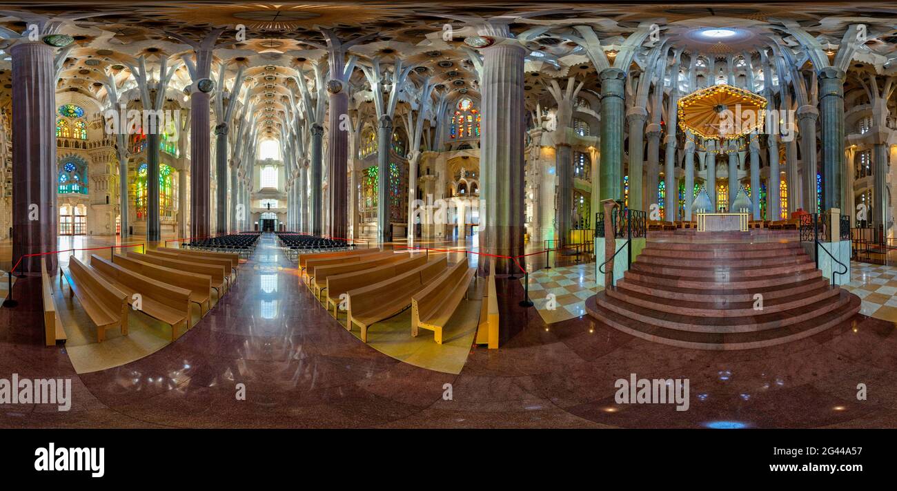 Equirectangular panorama view of interior of Sagrada Familia, Barcelona, Spain Stock Photo