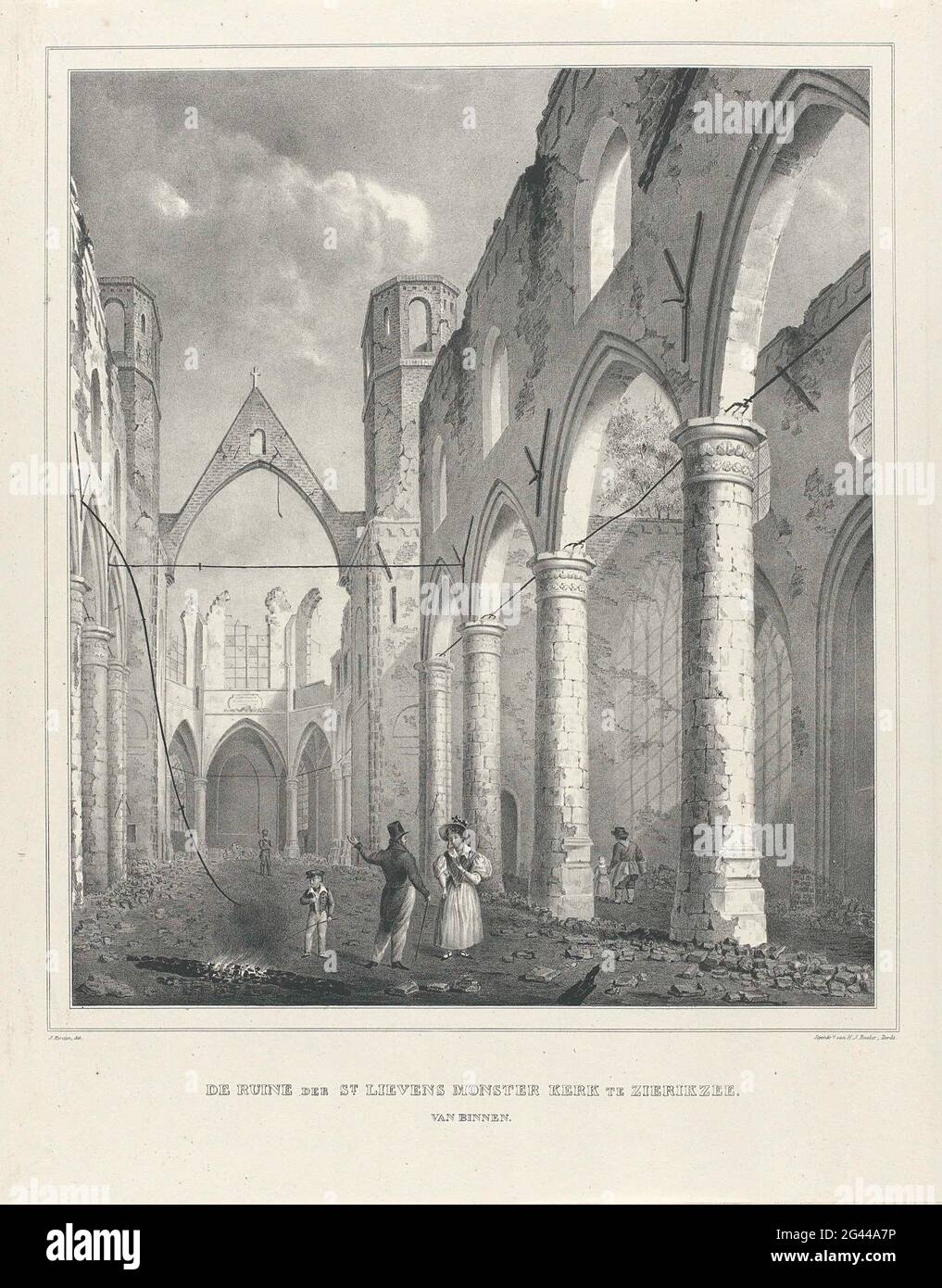 Ruin of the Sint-Lievensmonsterkerk in Zierikzee, after the fire of 1832; The Ruiner of St. Lievens Monster Church, in Zierikzee, from the inside for the fire. Ruin of the Sint-Lievensmonsterkerk in Zierikzee, after the fire of 6 October 1832. View in the interior to where the organ was. See also the pendant with the church in welfare before the fire. Stock Photo