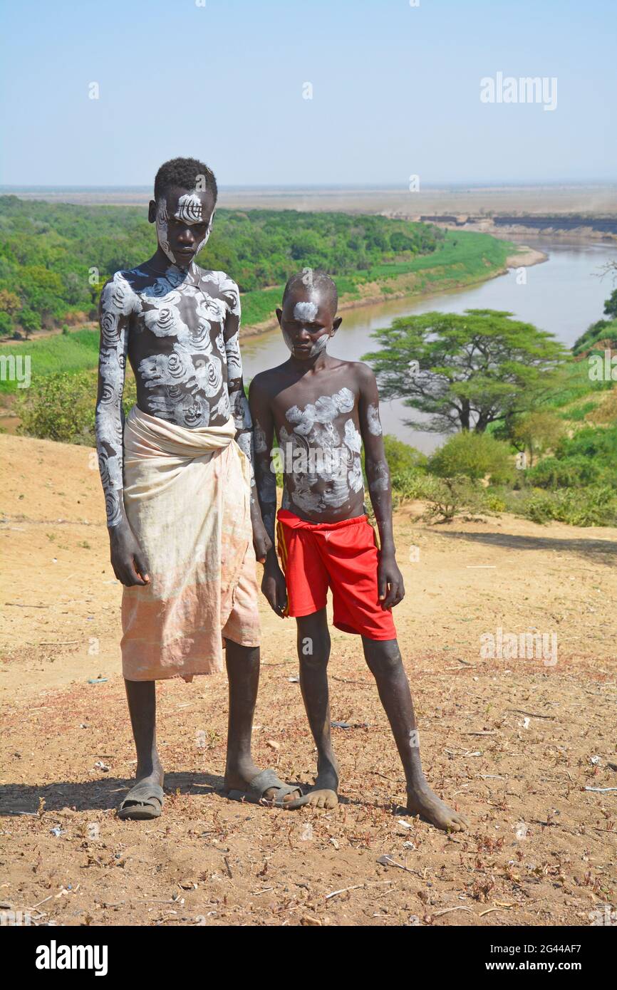 Ethiopia; Southern Nations Region; Kolcho village; on the Omo River; two boys with body paint; Ethnic group of the Karo Stock Photo