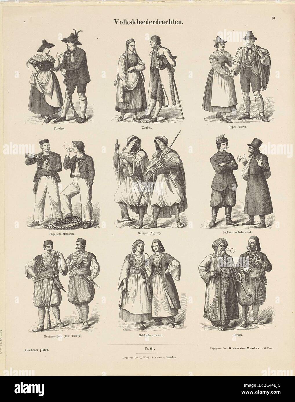 Folk clothing forces; Munchener plates. Leaf with 9 performances of couples  in traditional costumes, including two English sailors, two Greek women and  two Turkish men in traditional clothing. Under the images a