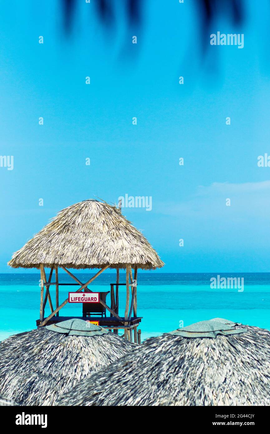 View at sea and lifeguard house in Varadero, Cuba Stock Photo