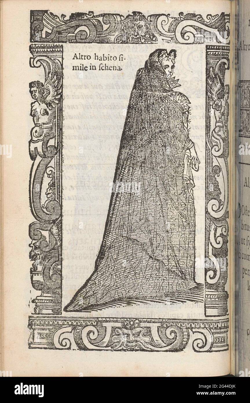 Modern Venetian lady; Altro Habito Simile in Schena / Gentildonna Moderna; Habiti Antichi, ET Moderni Di Tutto Il Mondo ... noble Venetian, seen on the back, in the dinge with stand-up collar. The hair in the form of horses on the forehead (according to Vecellio not attractive because té high) transparent veil overlooked. Cloth in the right hand. In ornament Stock Photo