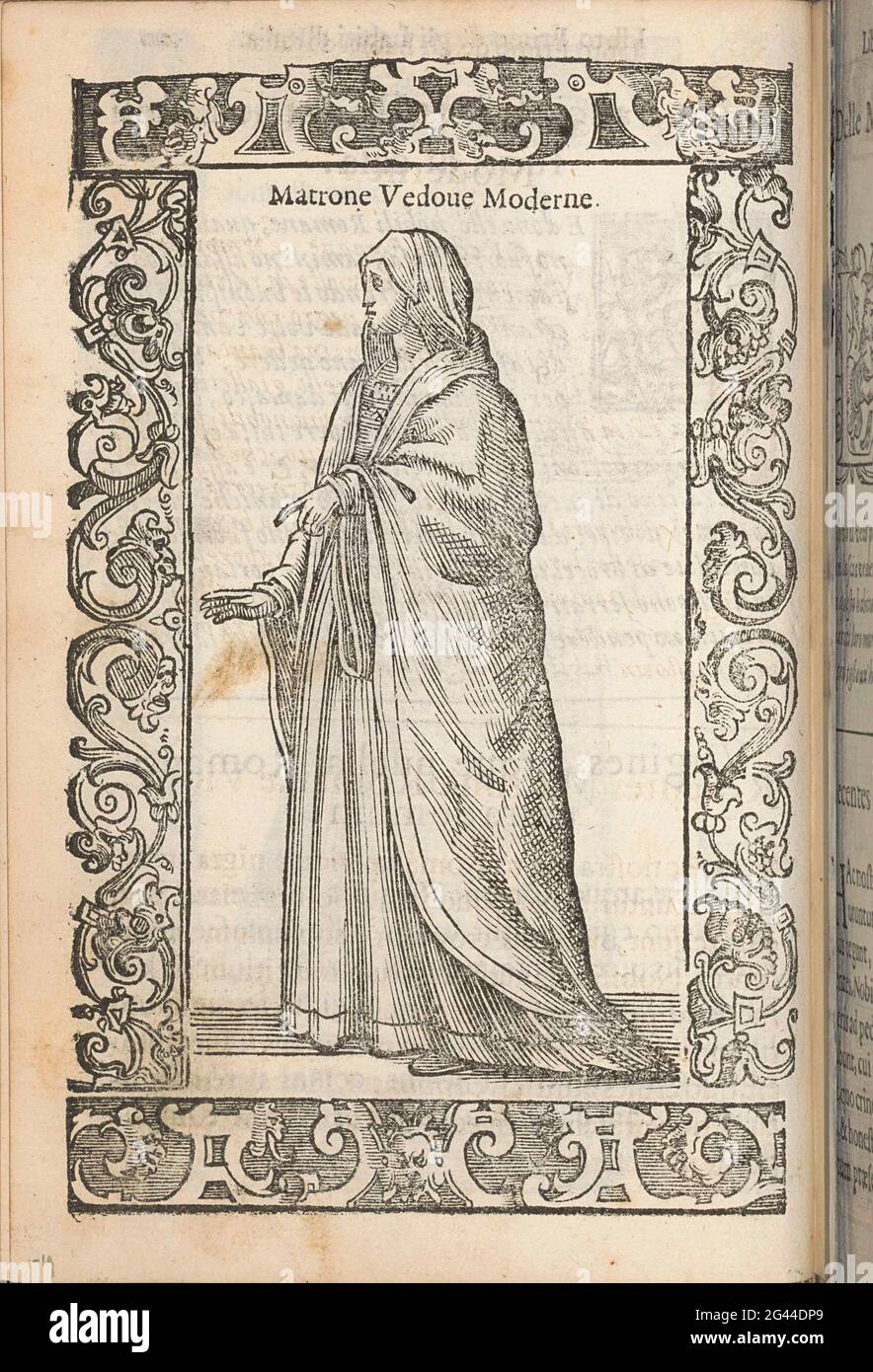 Widow from Rome; Matron widows Modern; Ancient habits, modern and modernisms around the world: new accesses of many figures: dressetus antiquorum, recentorumque totius orbis. Roman Widow in The Contemporary Clothing (at the end of 16th century). She Carries a Rug of Black Florentine 'Rascia' (Silk or Wool) over Which in Stola Or Cape. Veil overlooked. In Ornament Edge. Stock Photo