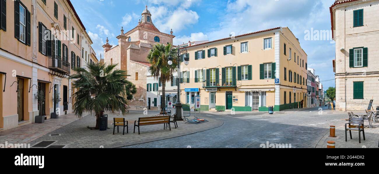 Townhouses in public square, Plaza del Princep, Mahon, Menorca, Spain Stock Photo