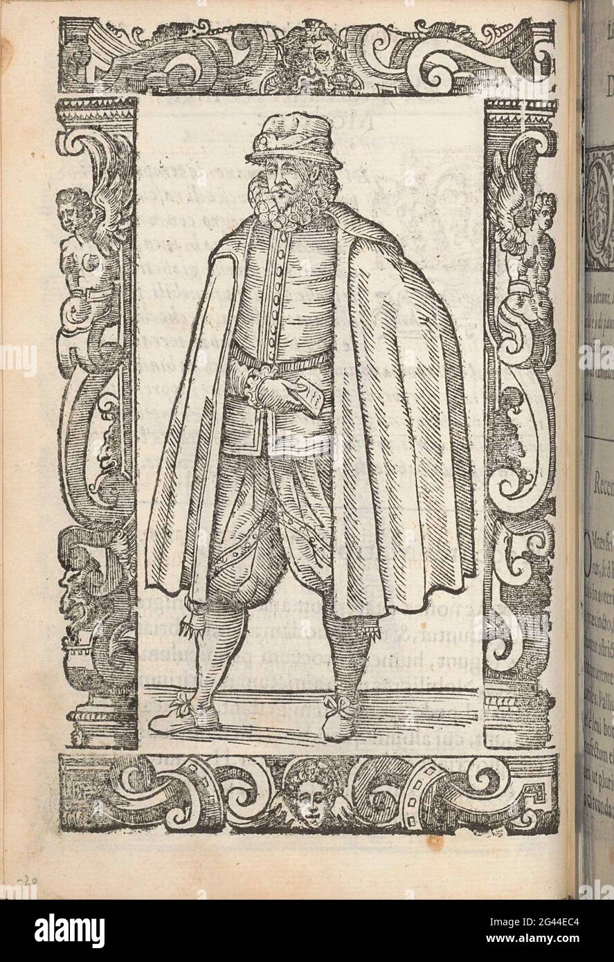 Merchant from Rome; The Roman merchants; Ancient habits, modern and modernisms around the world: new accesses of many figures: dressetus antiquorum, recentorumque totius orbis. Roman Merchant, To The Left, Dressed in Wide Shoulder Sheath About Jam and Puffing Knee Pants. Hat On The Head. In Ornament Edge. Stock Photo