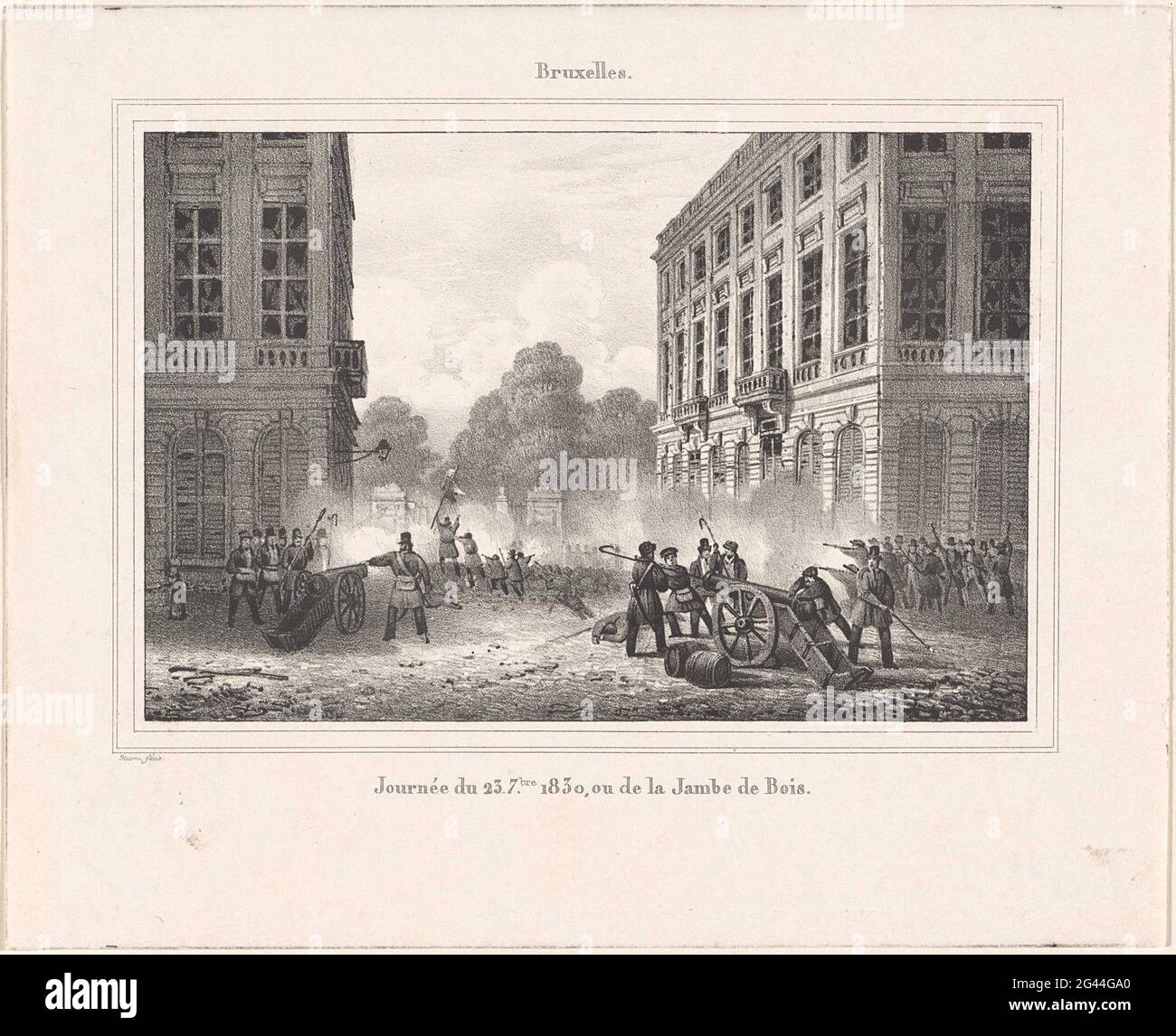 Jambe de Bois behind the guns in Brussels, 1830; Bruxelles. / Journée du 23.7.bre 1830, Ou de la Jambe de Bois; Prints added to the EVÉTELENS series de Bruxelles, Anvers (...) (1831). Fighting in a street at the entrance to the park. The Belgian insurgents, including Jambe de Bois, shoot with guns on the Dutch troops, 23 September 1830. Part of a group of prints from various other series related to the records in recuueil about the events during the Belgian revolution in Brussels, Antwerp and Antwerp Other cities in the period 25 August 1830 to 27 March 1831. Stock Photo