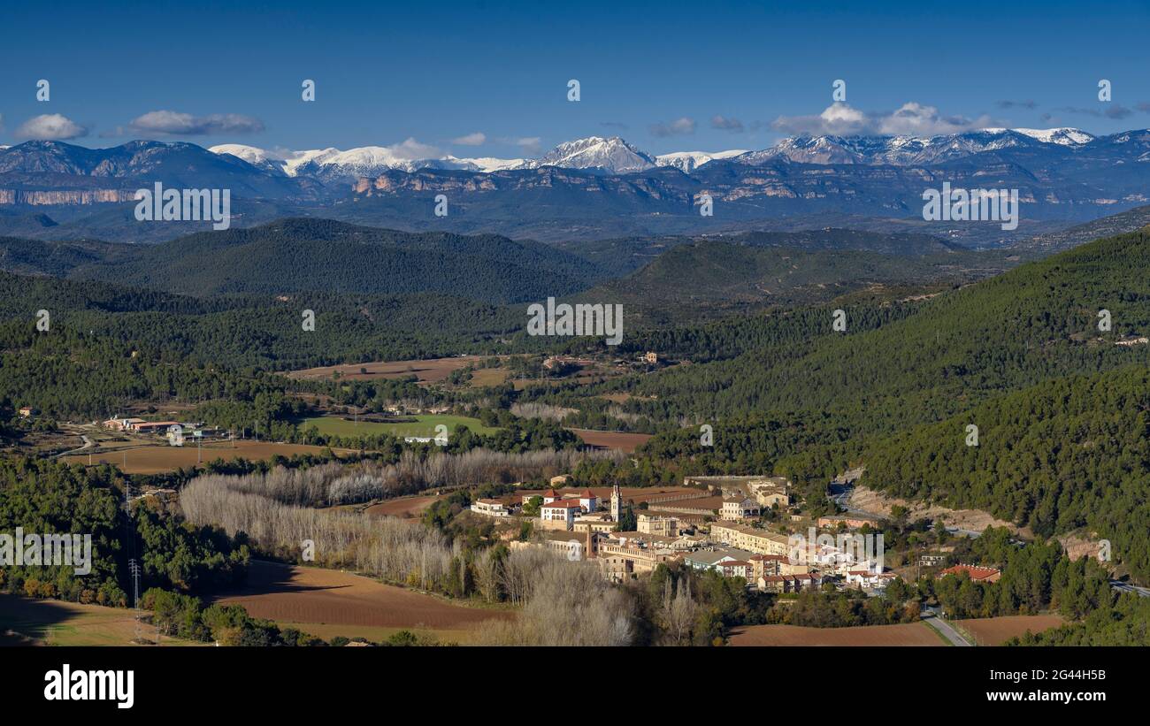 Cardener valley and the industrial colony of Palà de Torruella. In the background, the Pyrenees (Navàs, Barcelona, Catalonia, Spain) Stock Photo