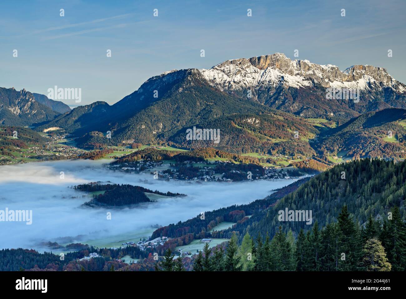 Fog over Berchtesgaden, Untersberg in the background, Berchtesgaden ...