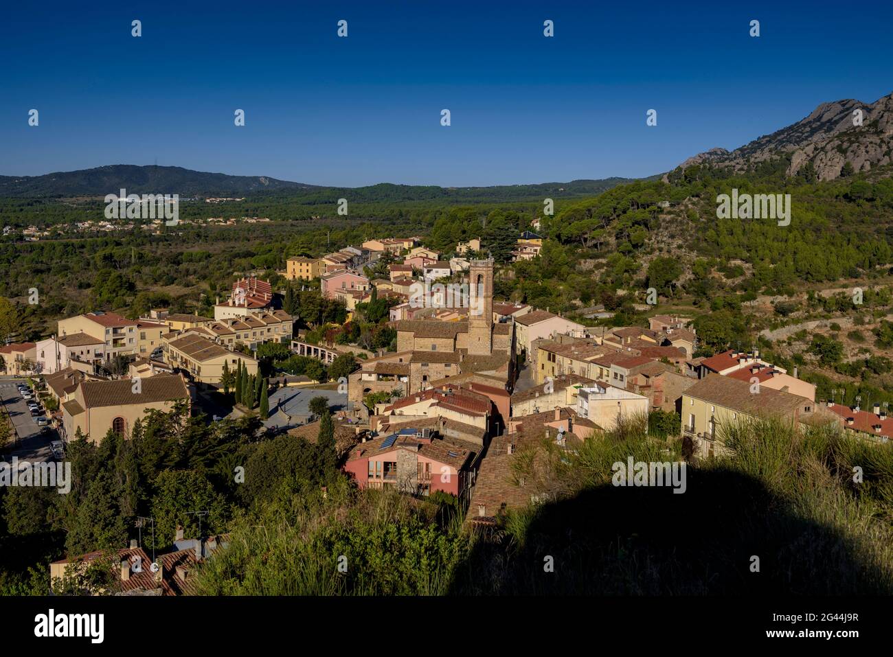 Collbató village seen from the castle hill (Baix Llobregat, Barcelona, Catalonia, Spain) ESP: Vistas del pueblo de Collbató desde el castillo (España) Stock Photo