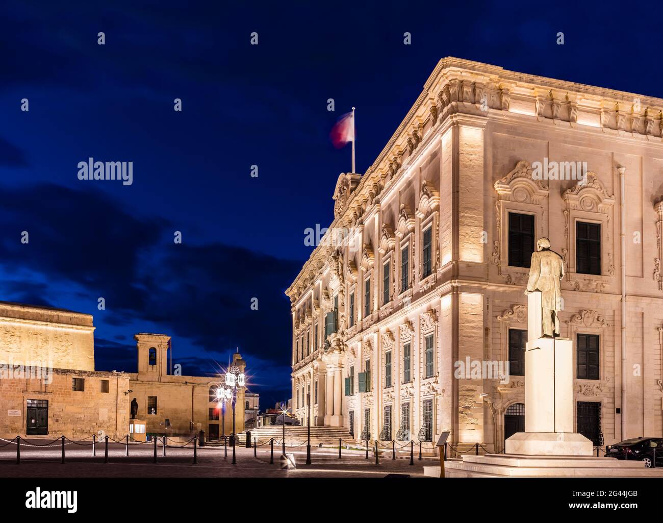 Malta Valletta at night Government Building, Auberge de Castille, Poltics, Leadership, Primeminister Stock Photo