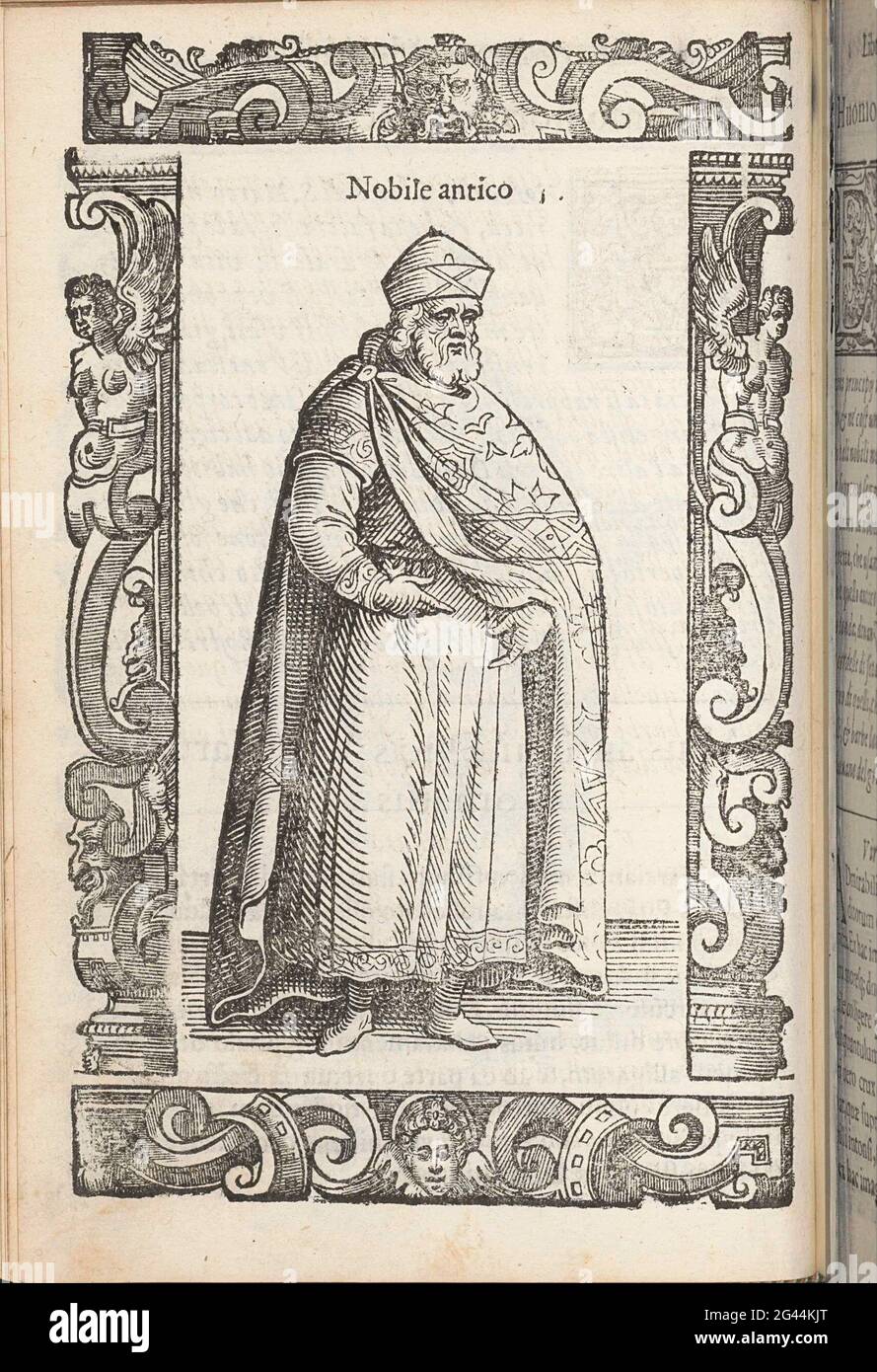 Noble Lord from the Old Venice; Ancient noble; Ancient habits, modern and modernisms around the world: new accesses of many figures: dressetus antiquorum, recentorumque totius orbis. Nobility Lord from Venice in A Suit That is an imitation of the doge. Sottana About Which An Embroidered Shoulder Sheath. Round Hat With Pointed Globe. In Ornament Edge. Stock Photo