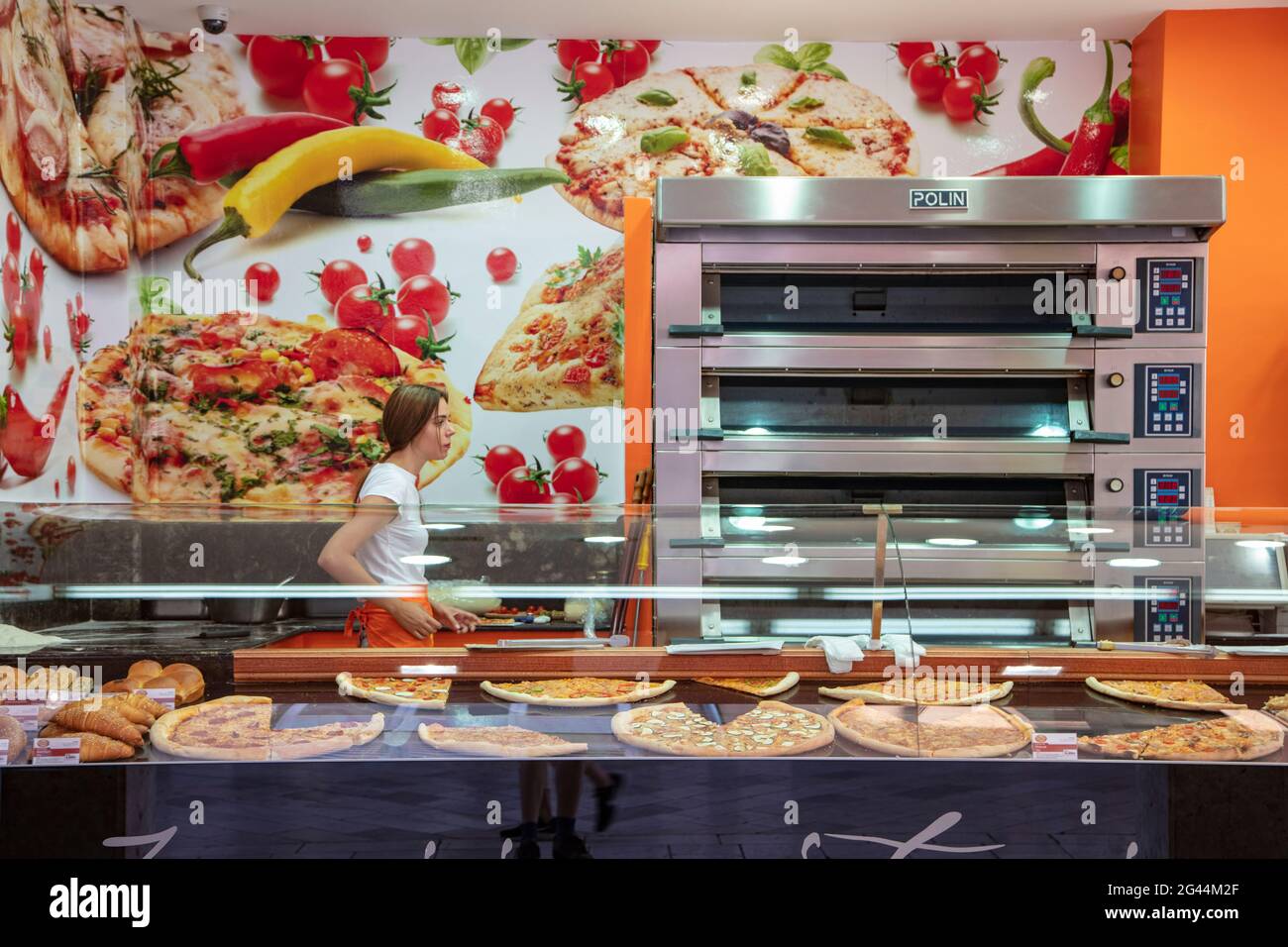 Pizza for sale at a snack bar in the old town, Zadar, Zadar, Croatia, Europe Stock Photo