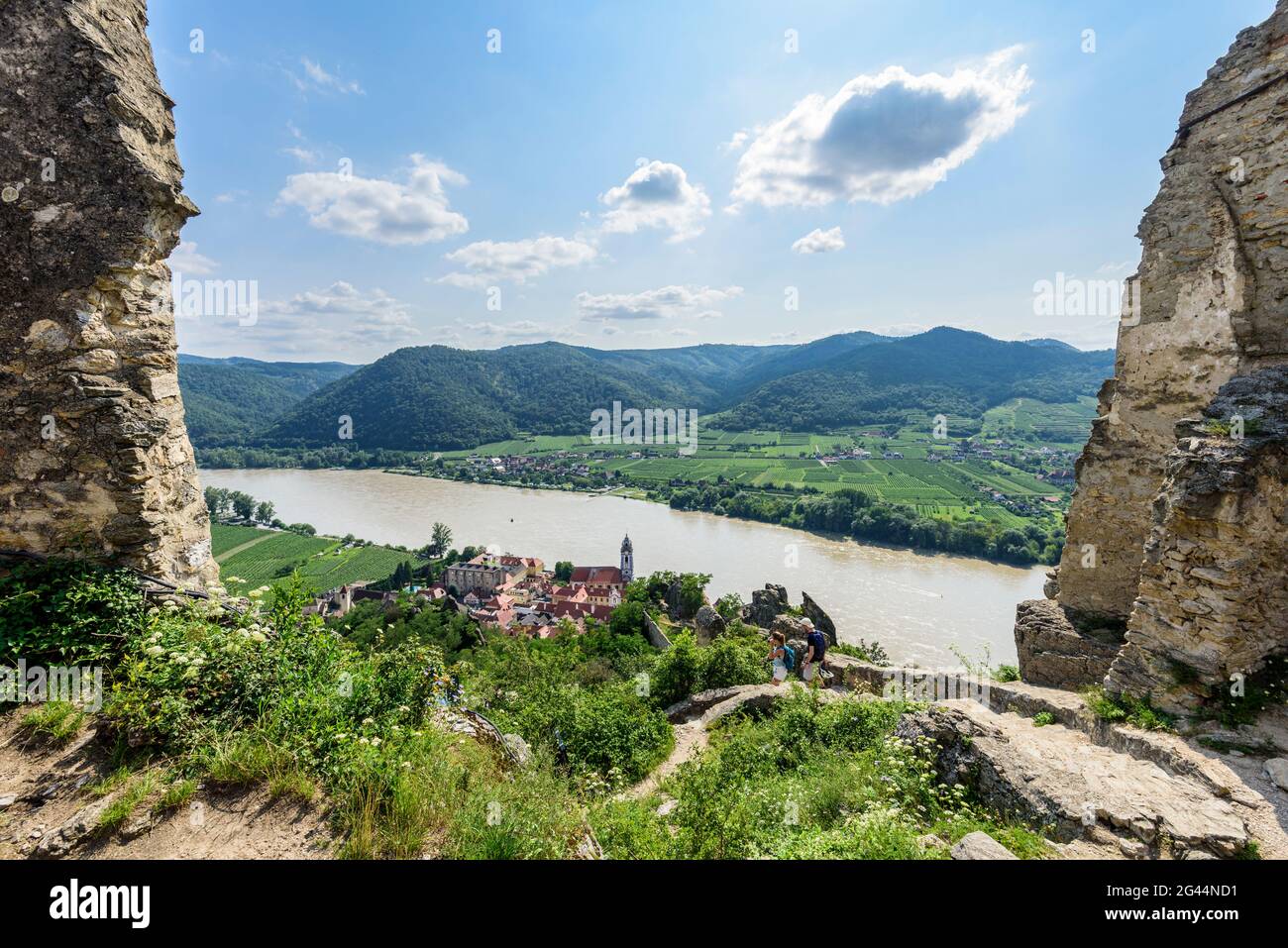 View from the ruin Dürnstein to Dürnstein and the Danube valley, Wachau, Lower Austria, Austria Stock Photo