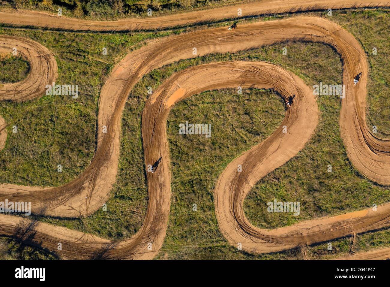 Overhead aerial view of the Cal Teuler motocross circuit, with the curves  of the tracks (Bages, Barcelona, Catalonia, Spain Stock Photo - Alamy